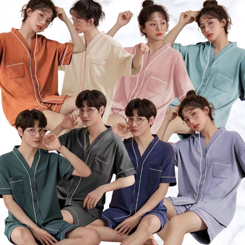 SETELAN HOTPANTS PIYAMA SET BAJU TIDUR PRIA WANITA COUPLE PASANGAN LENGAN PENDEK IMPORT KATUN PREMIU