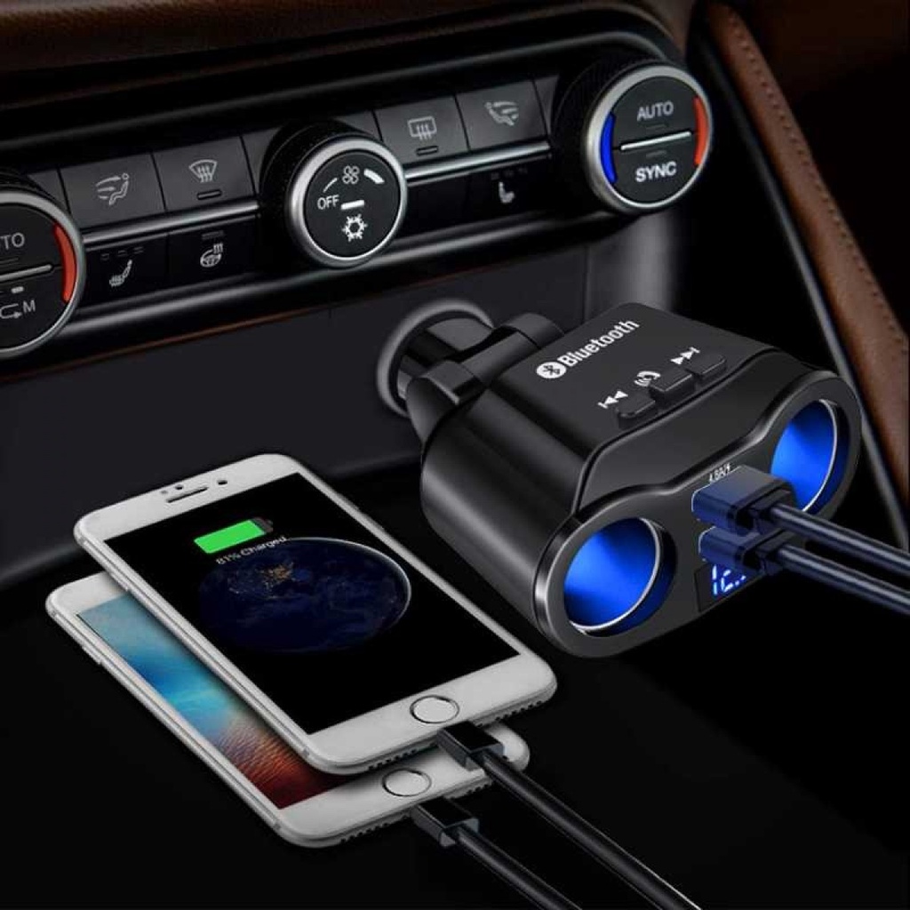 Car Charger Mobil 2 USB Port 2 Lighter Plug Bluetooth LCD Universal