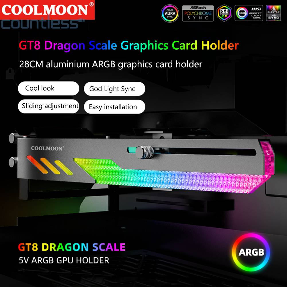 Coolmoon GT8 Kartu Video Komputer Horizontal GPU Holder GPU Support 5V A-RGB Bracket Slide Adjustment Untuk ASUS/MSI