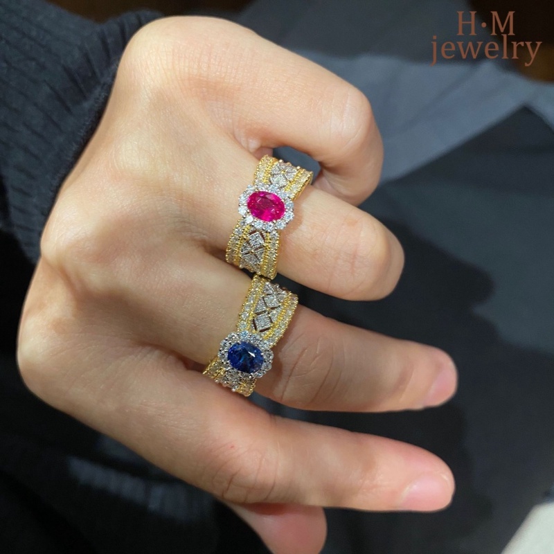 18k Emas Renda Cincin Fashion Zamrud Berwarna Permata Cincin Ruby Biru Berlian Ornamen