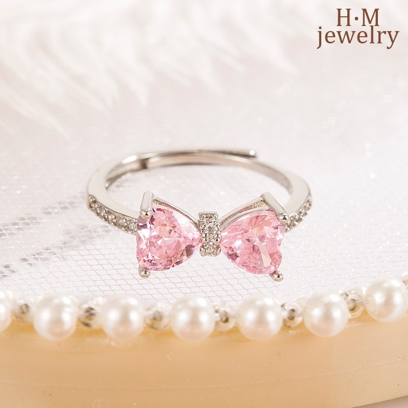 Fashion High Sense Pink Diamond Bow Ring Pink Loving Heart with Opening Ring Adjustable