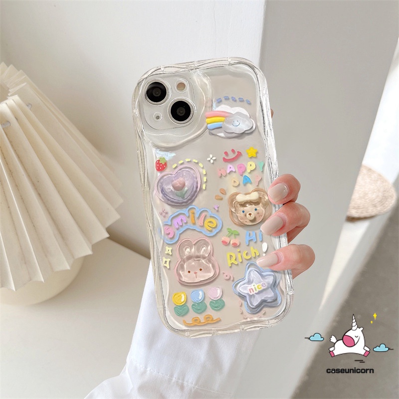 Untuk Infinix Hot12 11 8 10 30 20 9 Bermain Hot 30i 9 8 10Lite Smart 6Plus 6 7 5 Note 12 4G 12 G96 Kartun Doodle 3D Boneka Lucu Bergelombang Tepi Melengkung Pelangi Cinta Hati Beruang Kelinci Lembut Sarung