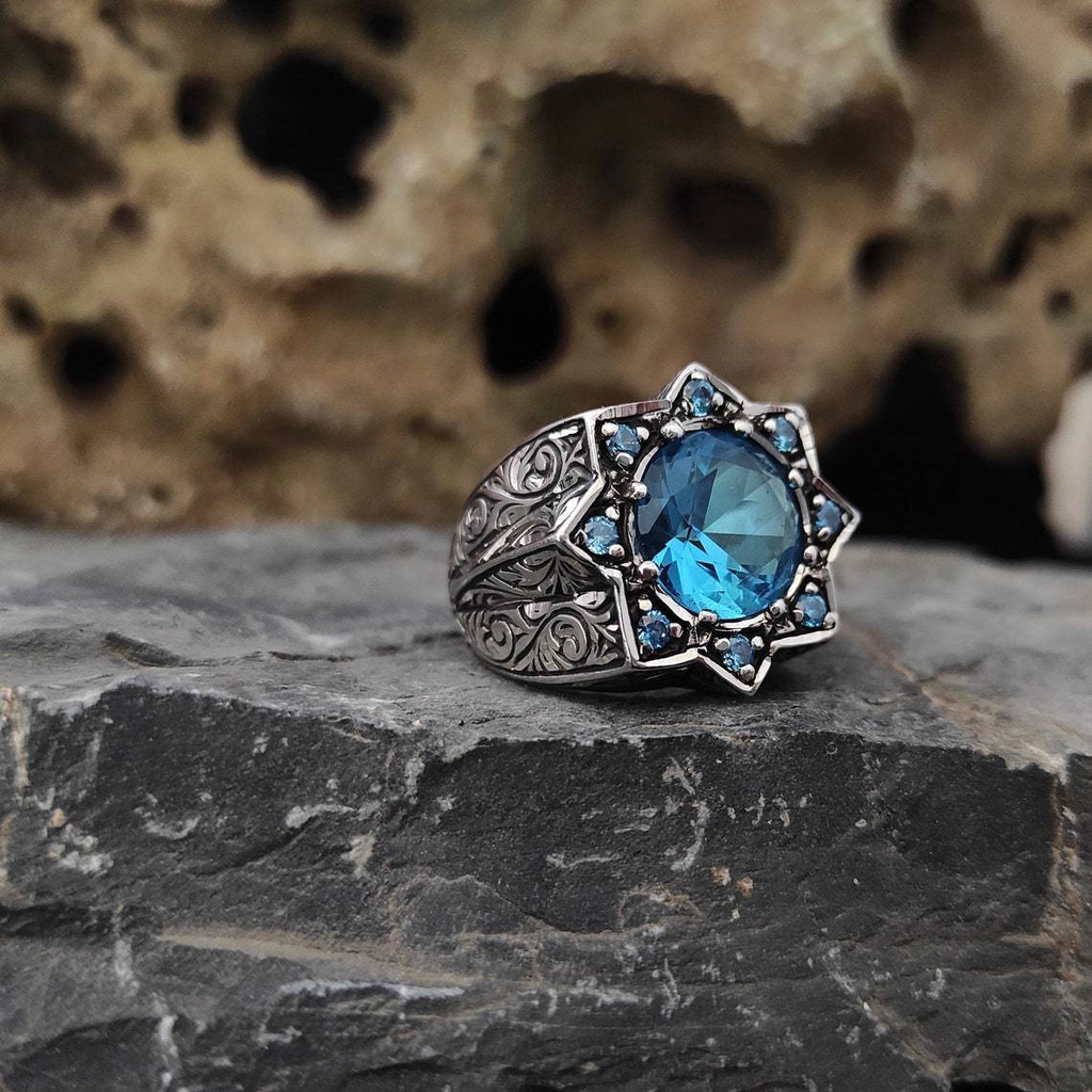 Desain Bintang Aquamarine Cincin Jari Vintage Perak Baja Titanium Berlian Kristal Pria Punk Fashion 