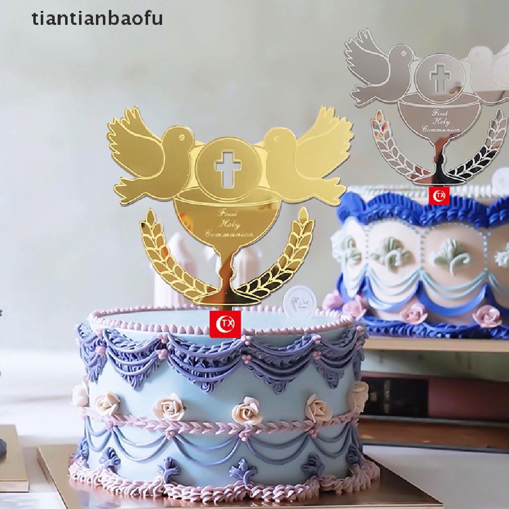 [tiantianbaofu] 1pc Baptis Cake Topper Merpati IHS Ekaristi Golden Silver Dekorasi Kue Butik