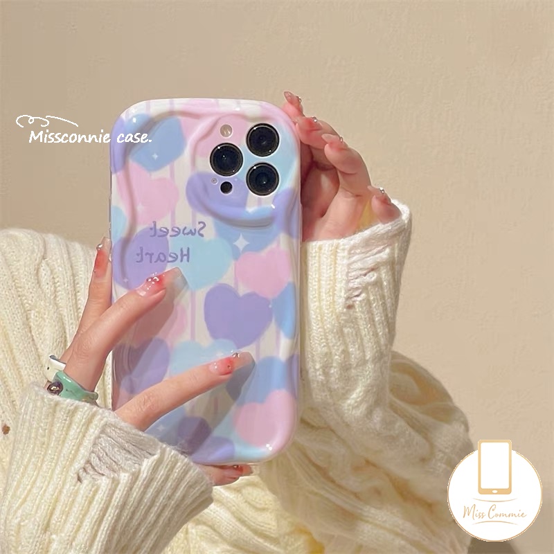 IPHONE 3d Wavy Curved Edge Airbag Glossy Case Kompatibel Untuk Iphone7 8 6s 6 Plus XR 11 13 12 14 Pro Max 7plus X XS Max SE 2020 Ins Lukisan Cat Minyak Cinta Hati Shockproof Tpu Soft Cover