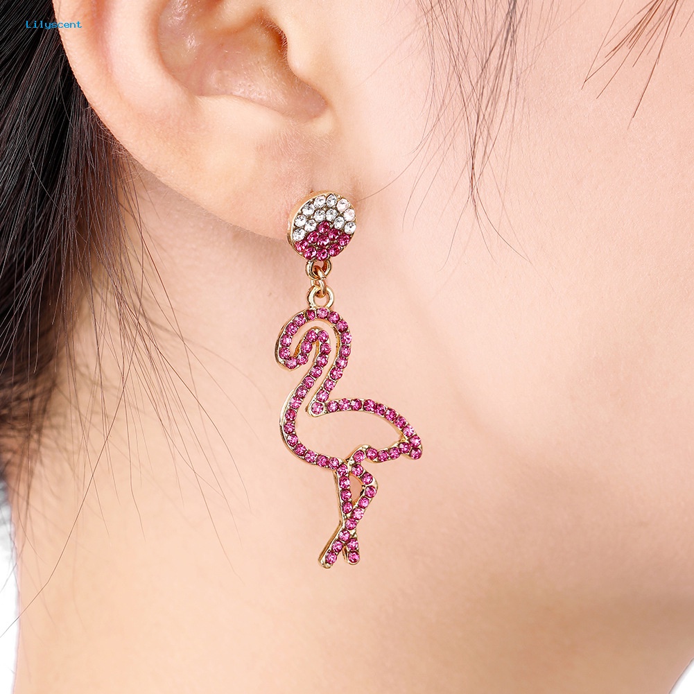 Lilyscent Wanita Berongga Berlian Imitasi Kaktus Flamingo Menjuntai Asimetris Stud Earrings Perhiasan