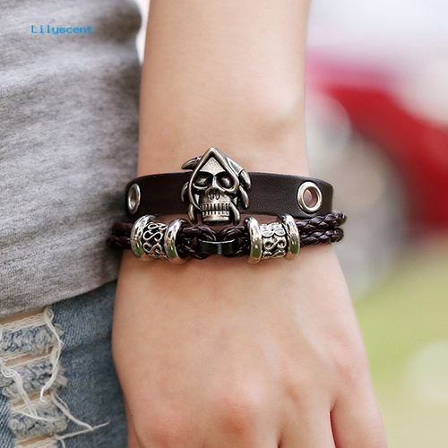 Lilyscent Pria /'s Wanita Fashion Punk Tengkorak Dikepang Kulit Imitasi Multilayer Handmade Gelang