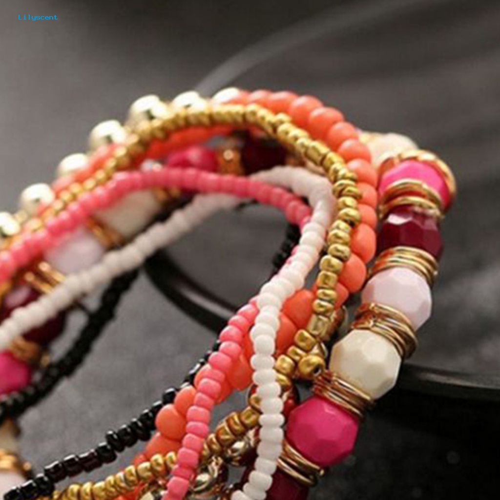 Lilyscent 7Pcs/Set Multicolor Bangle Untuk Pacaran Wanita Boho Gelang Manik-Manik Elastis Bohemian