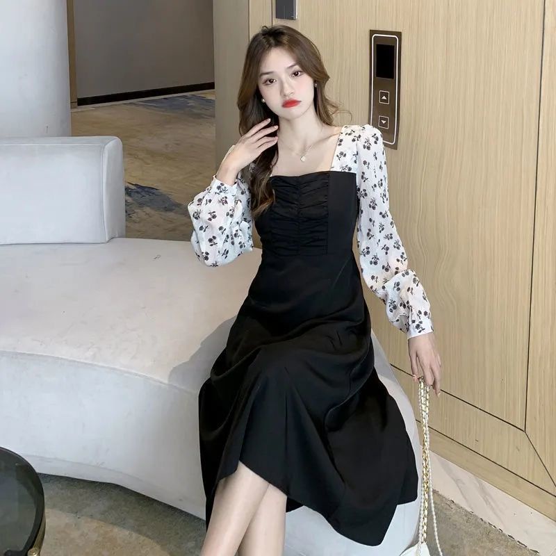 Dress Korea Vintage Lengan Panjang Bunga Two Tone