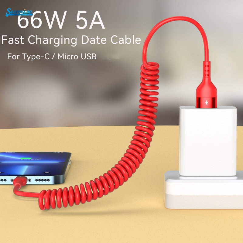 1m/1.5m 5A Anti-Tekuk Tahan Lama 66W Smartphone Kabel Pengisian Mobil Ditarik Musim Semi USB Kabel Data Kecepatan Tinggi Untuk Kebanyakan Ponsel