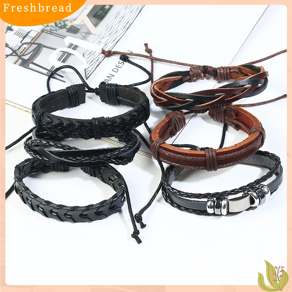 &lt; Freshbread &gt; 6Pcs Retro Multilayer Braided Tali Kulit Pria Gelang Set Bangle Perhiasan