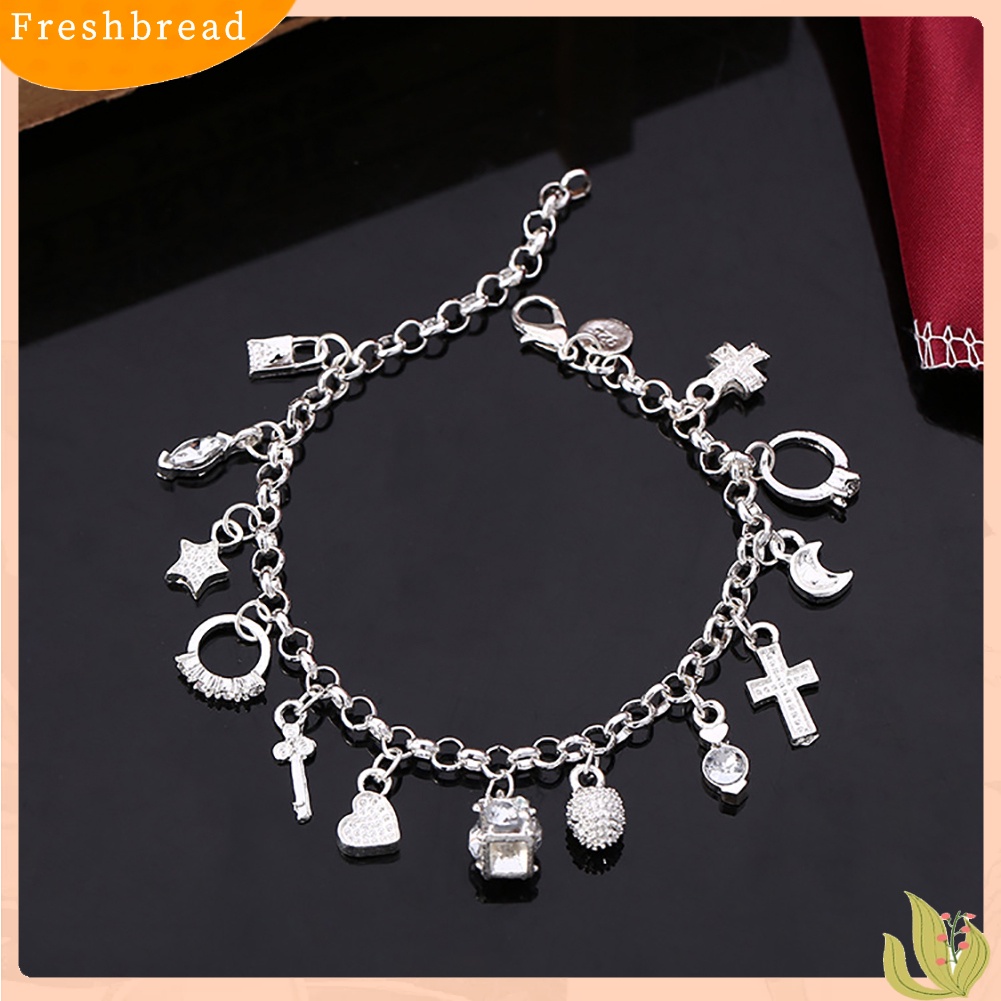 &lt; Freshbread &gt; Wanita Perak Berlapis Salib Bulan Bintang13 Charms Liontin Gelang Bangle Perhiasan