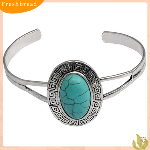 &lt; Freshbread &gt; Perhiasan Wanita Gaya Retro Geometris Turquoise Pembukaan Manset Bangle Gelang