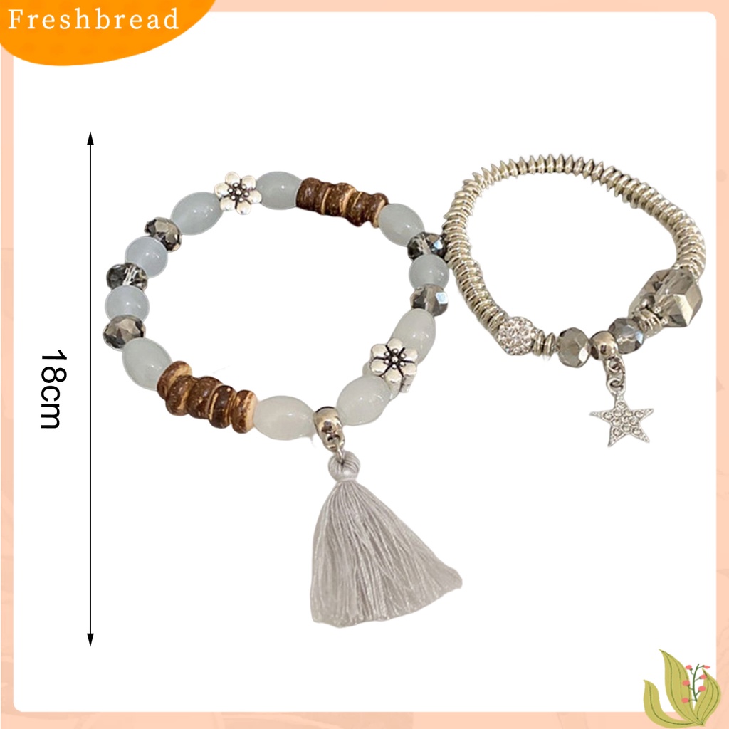 &lt; Freshbread &gt; 2Pcs/Set Couple Gelang Gaya Etnik Manik-Manik Elastis Berlian Imitasi Bintang Liontin Hadiah Elegan Adjustable Kristal Imitasi Jumbai Pria Gelang Fashion Perhiasan