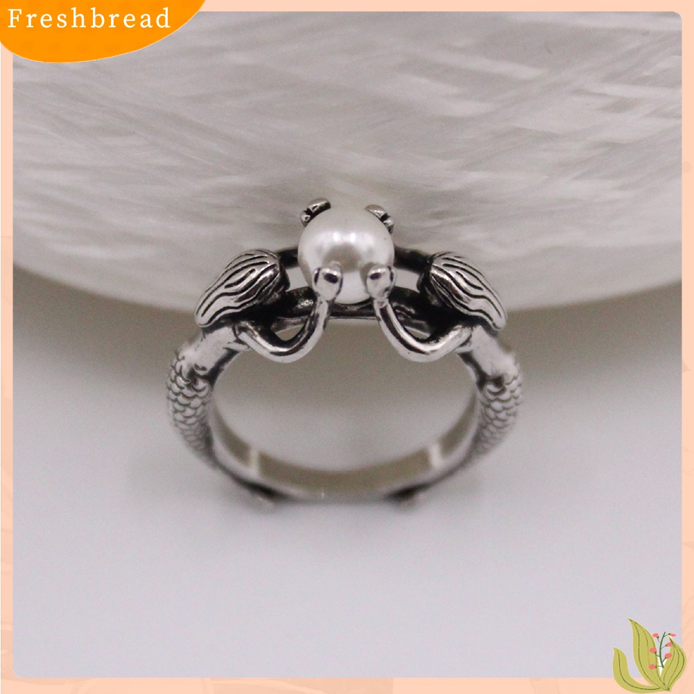 &lt; Freshbread &gt; Fashion Wanita Dua Duyung Diukir Mutiara Imitasi Bertatahkan Jari Cincin Perhiasan Hadiah