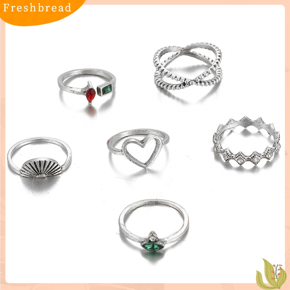 &lt; Freshbread &gt; 6 Pcs Berongga Jantung Shell Berlian Imitasi Pembukaan Jari Cincin Tipis Band Perhiasan Hadiah