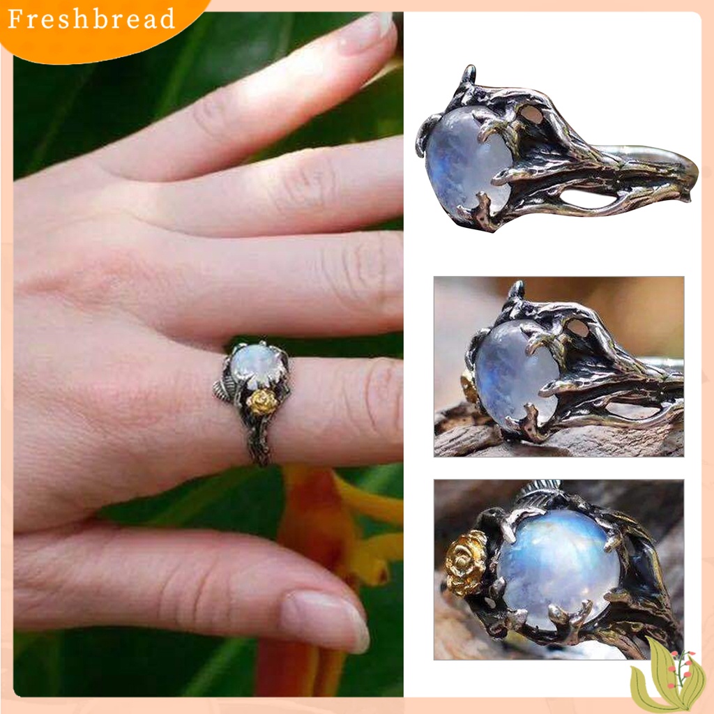 &lt; Freshbread &gt; Berongga Pernyataan Sederhana Vintage Cincin Daun Bunga Moonstone Lady Ring Perhiasan Alat Ekstra