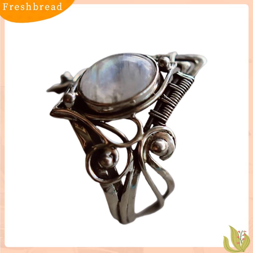 &lt; Freshbread &gt; Punk Berongga Warna Perak Wanita Cincin Bertatahkan Moonstone Fashion Cincin Perhiasan Aksesori