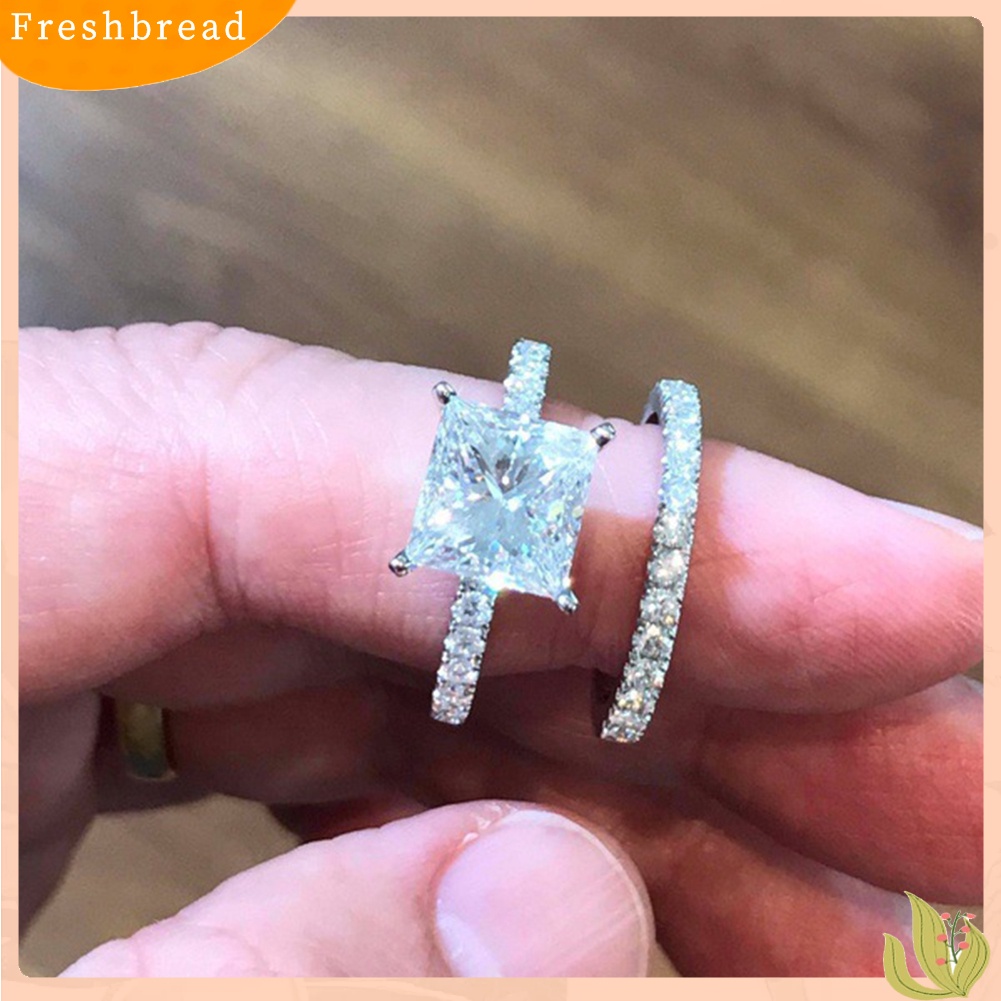 &lt; Freshbread &gt; 2Pcs/Set Cincin Susun Berlian Imitasi Persegi Pernikahan Pertunangan Wanita Jari Perhiasan