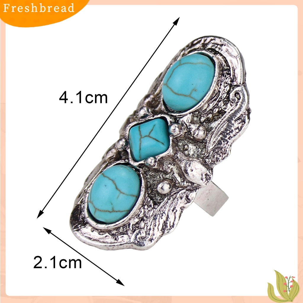 &lt; Freshbread &gt; Cincin Batu Gaya Bohemian Adjustable Batu Hijau Ukir Bunga Oval Opening Ring Untuk Pesta