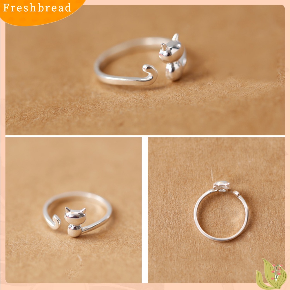 &lt; Freshbread &gt; Wanita Perak Berlapis Kucing Lucu Terbuka Hewan Jari Cincin Adjustable Perhiasan Hadiah