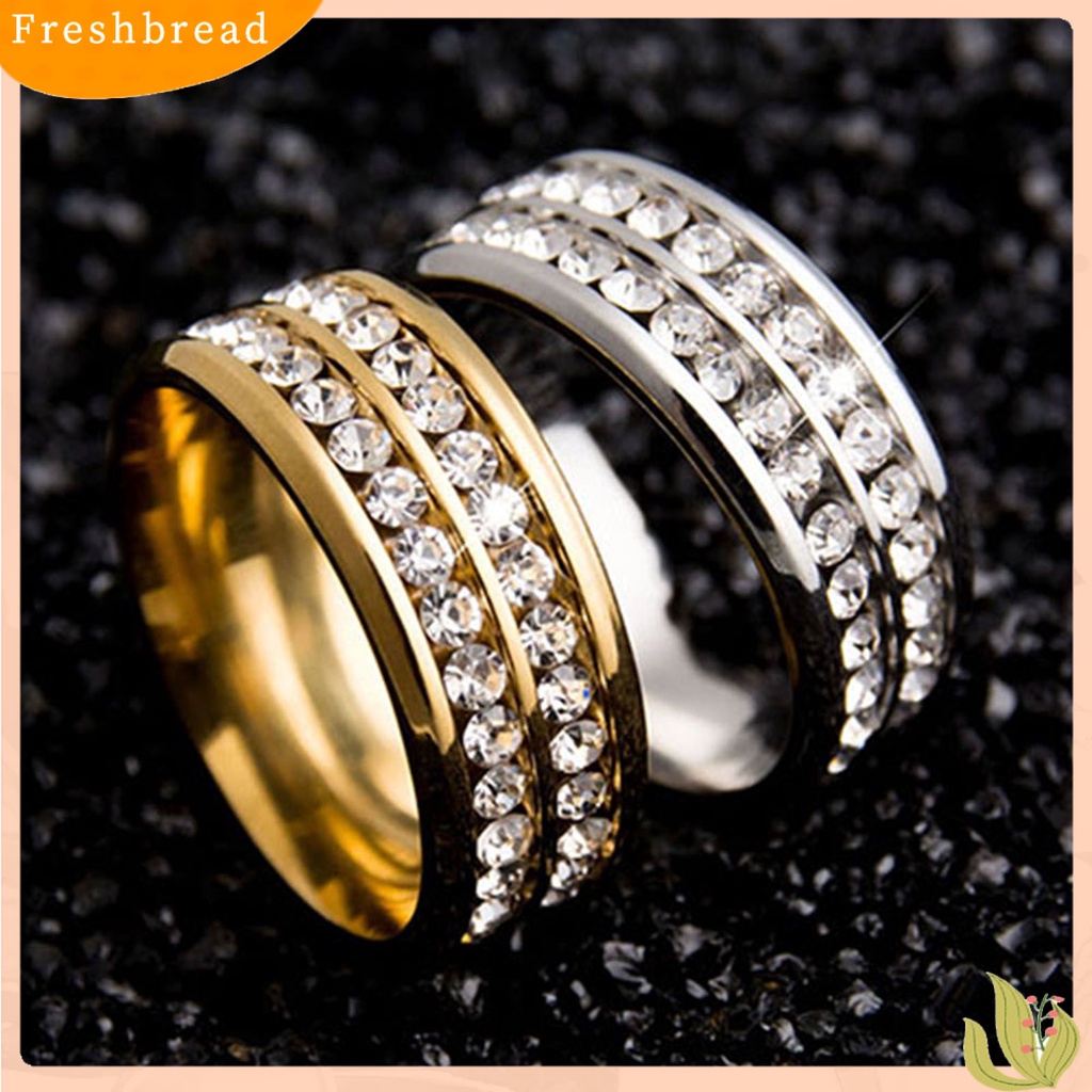 &lt; Freshbread &gt; Cincin Lebar-Lebar Fadeless Titanium Steel Baris Ganda Berlian Imitasi Perhiasan Unisex Untuk Pesta Pernikahan