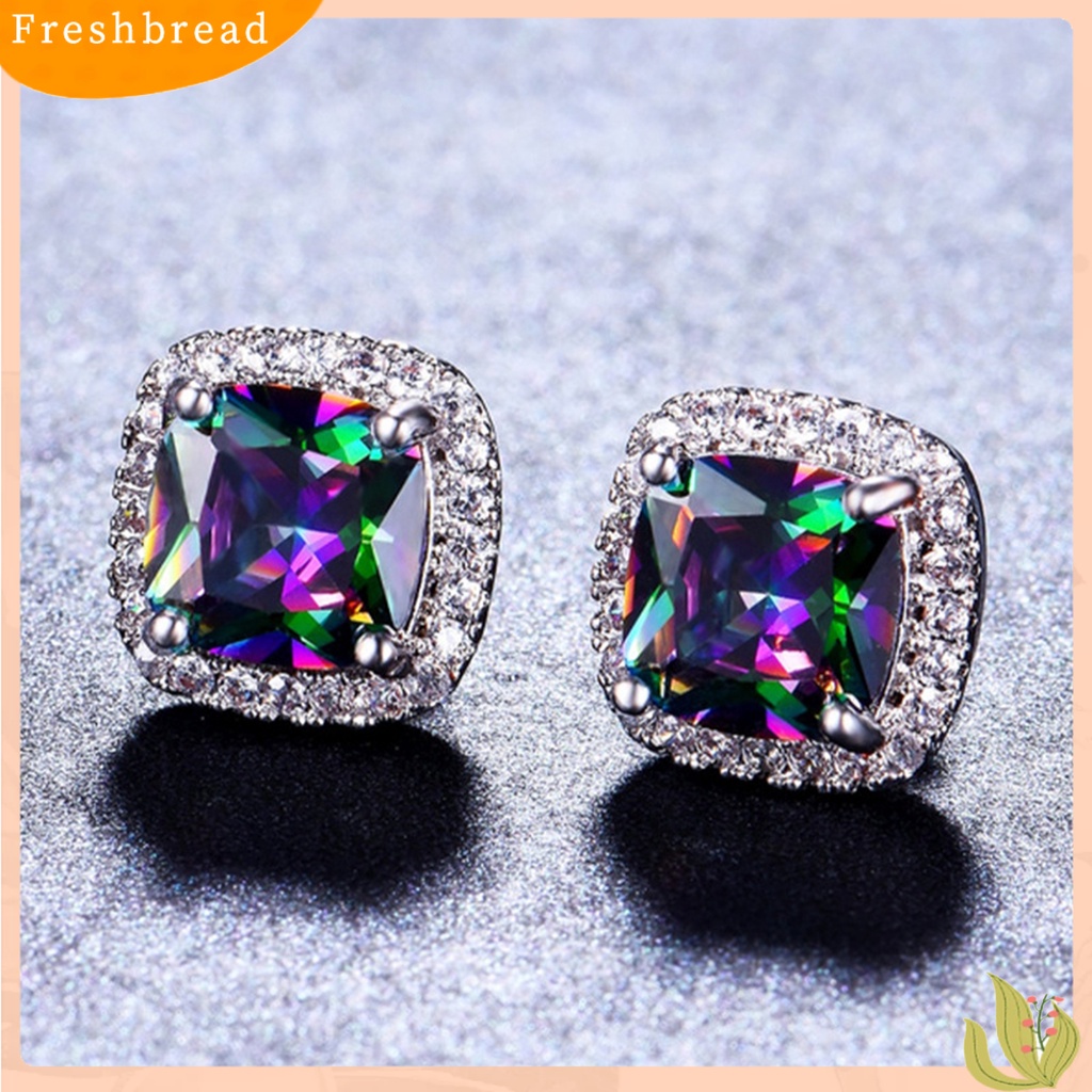 < Freshbread > 1pasang Anting Wanita Pengerjaan Halus Mewah Geometris Mata-catching Tahan Luntur Telinga Liontin Aksesori Wanita Rainbow Square Earrings Untuk Pesta