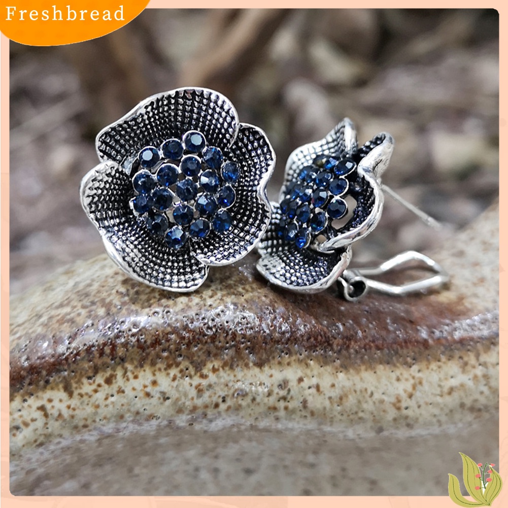 &lt; Freshbread &gt; Vintage Wanita Berlian Imitasi Hias Bunga Mawar Bentuk Stud Earrings Perhiasan Hadiah