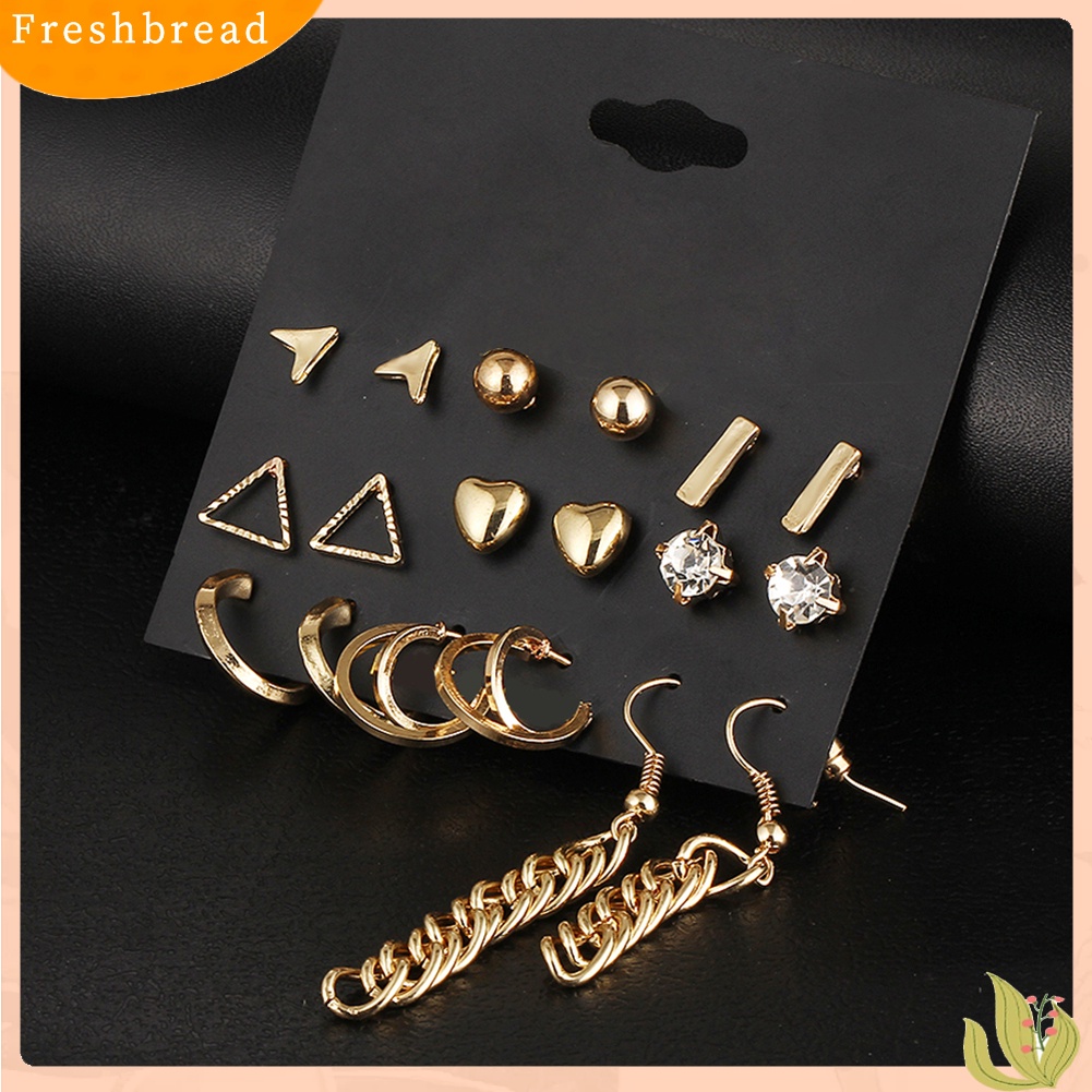 &lt; Freshbread &gt; 9pasang Fashion Wanita Berlian Imitasi Hati Bentuk Segitiga Ear Stud Hook Earrings