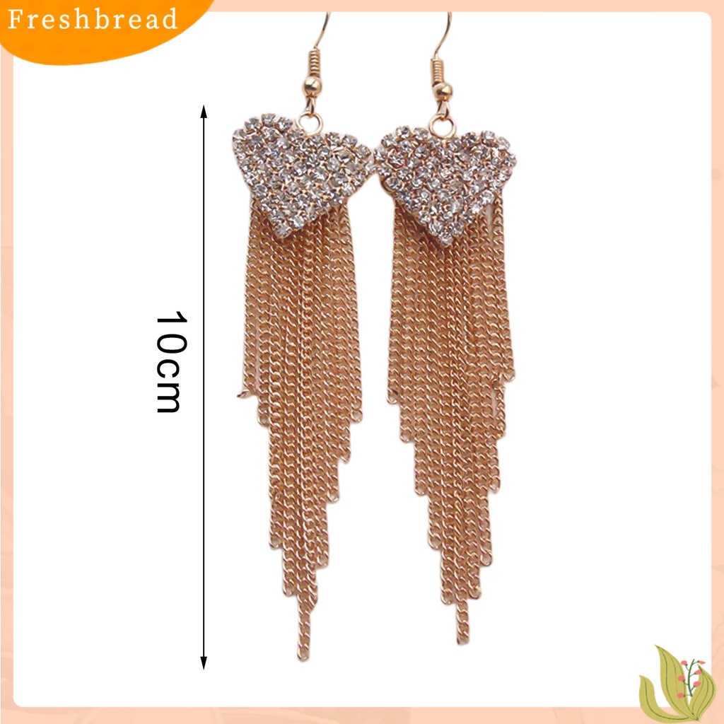 &lt; Freshbread &gt; Anting Linear Love Bentuk Hati Hias Berlian Imitasi Wanita Jumbai Panjang Menjuntai Kait Earrings Perhiasan Untuk Pesta