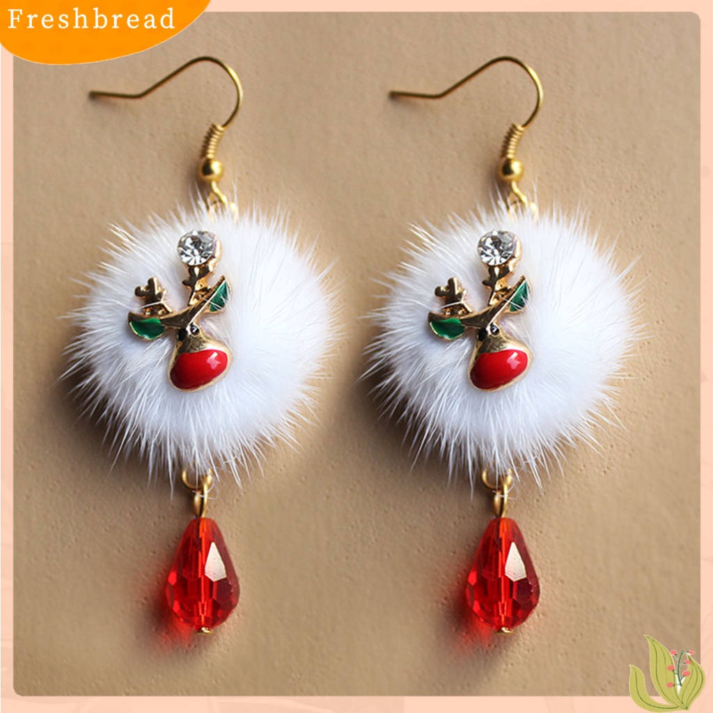 &lt; Freshbread &gt; 1pasang Putih Mewah Bola Merah Berlian Imitasi Xmas Anting Alloy Santa Claus Elk Pendant Hook Earrings Perhiasan Fashion