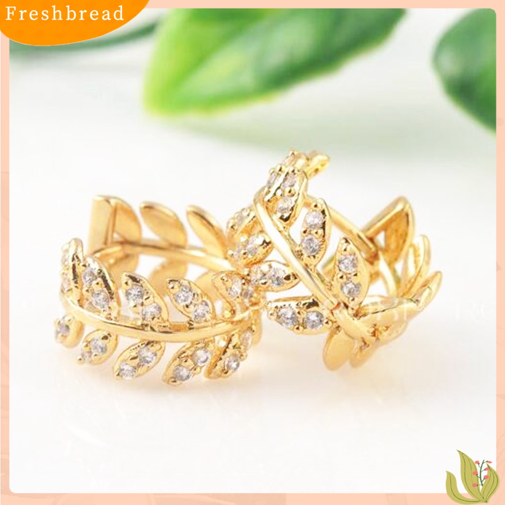 &lt; Freshbread &gt; Wanita Berlian Imitasi Willow Daun Temperamen Telinga Klip Tindik Anting Perhiasan