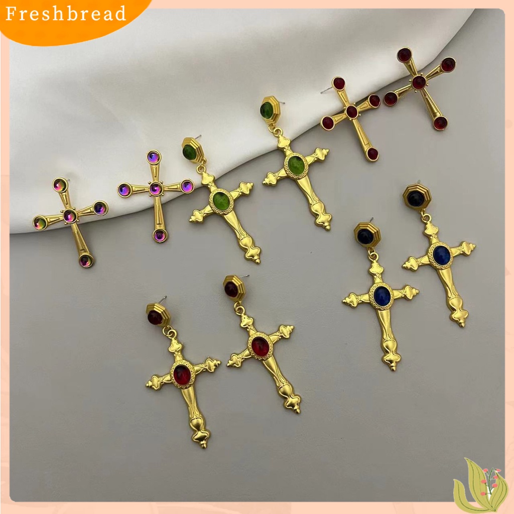 &lt; Freshbread &gt; 1pasang Drop Earrings Gaya Perancis Pertengahan Kuno Vintage Mewah Kaca Berwarna Salib Wanita Stud Earrings Fashion Jewelry