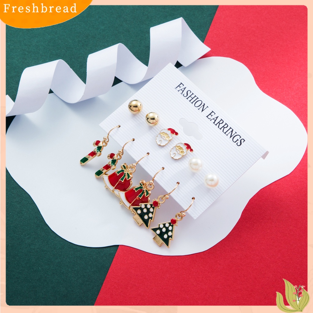 &lt; Freshbread &gt; 6pasang/Set Anting Natal Meriah Enamel Geometris Mengkilap Electroplating Dekorasi Perhiasan Hadiah Pohon Xmas Elk Snowman Santa Claus Ear Studs Menjuntai Anting