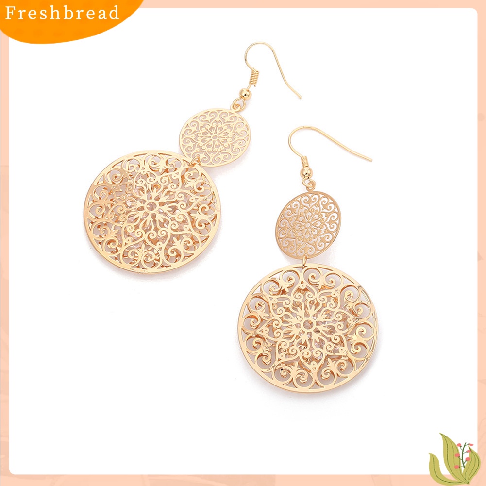 &lt; Freshbread &gt; Fashion Wanita Lapisan Ganda Diukir Kerawang Drop Menjuntai Liontin Anting Perhiasan