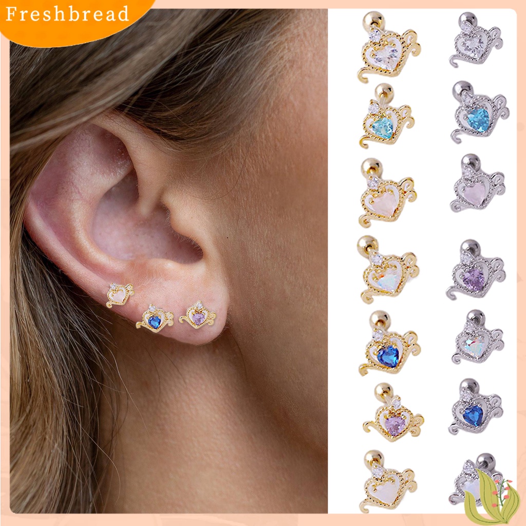< Freshbread > 1Pc Stud Earring Cubic Zirconia Hias Mengkilap Elegan Geometris Electroplating Wanita Berongga Hati Telinga Stud Tulang Rawan Anting Perhiasan Dekorasi Hadiah Untuk Pacaran
