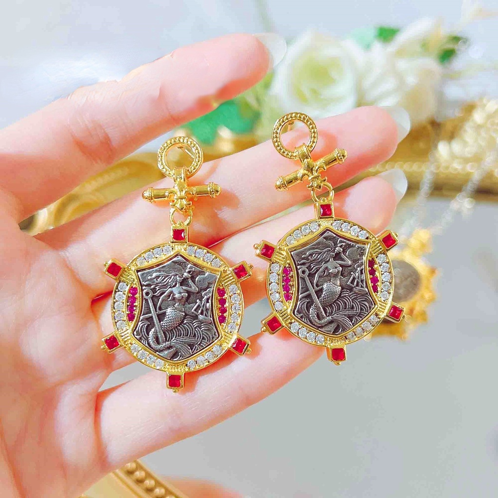 Goldkingdom Fashion Perhiasan Aksesoris Ready Stock Bahasa Perancis Abad Pertengahan Kuno Koin Kalung Italia Kerajinan Dua Sisi Replika Mermaid Koin Kuno Anting Retro Set