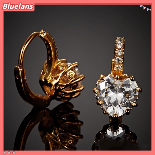 {In Stock} 9K Berlapis Emas Hati Berlian Imitasi Anting Hoop Eardrop Selebriti Perhiasan Wanita