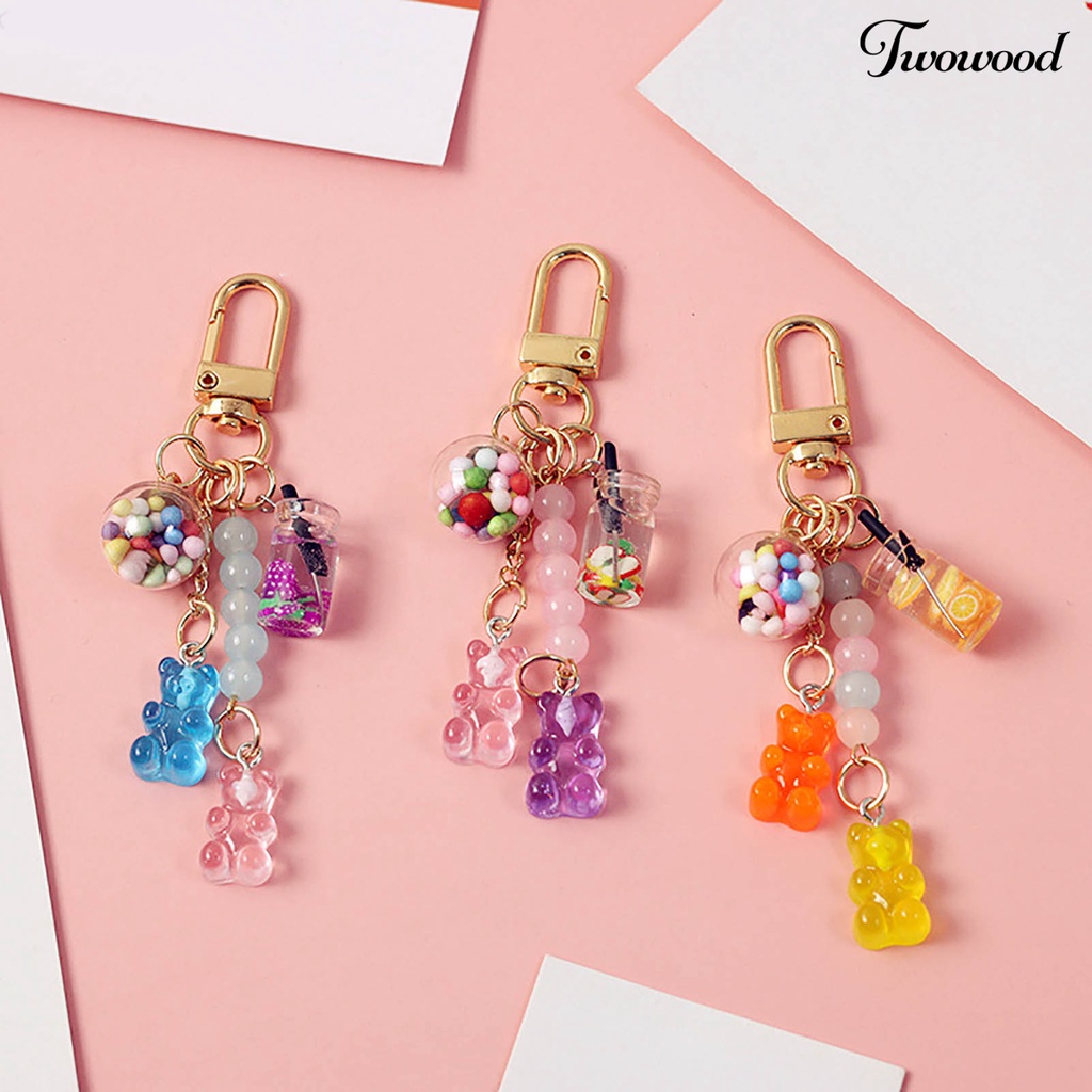 Twowood Kunci Cincin Manik-Manik Berwarna Cerah Tekstur Halus Warna Permen INS Kartun Gummy Bear Tas Liontin Perhiasan Hadiah