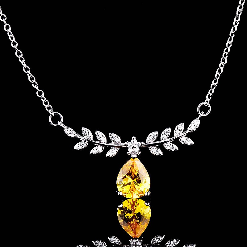 Goldkingdom Fashion Perhiasan Aksesoris Ready Stock Platinum Disepuh Berlian Kuning Tetesan Air Bentuk Pir Kalung Mewah Daun Zaitun Micro Set Liontin Perempuan