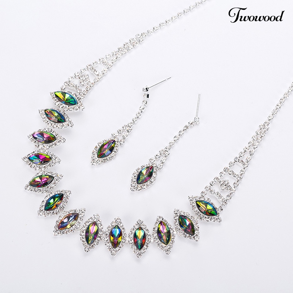 Twowood Berlian Imitasi Teardrop Menjuntai Stud Anting Kalung Pernikahan Bridal Perhiasan Set