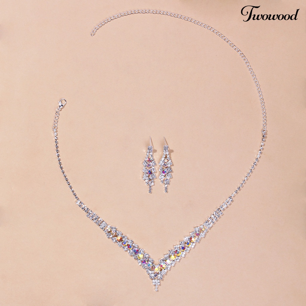 Twowood 1set Kalung Pengantin Elegan Dainty Temperamen Mulia Berkilau Berwarna Berlian Imitasi Menjuntai Anting Kit Pernikahan Perhiasan