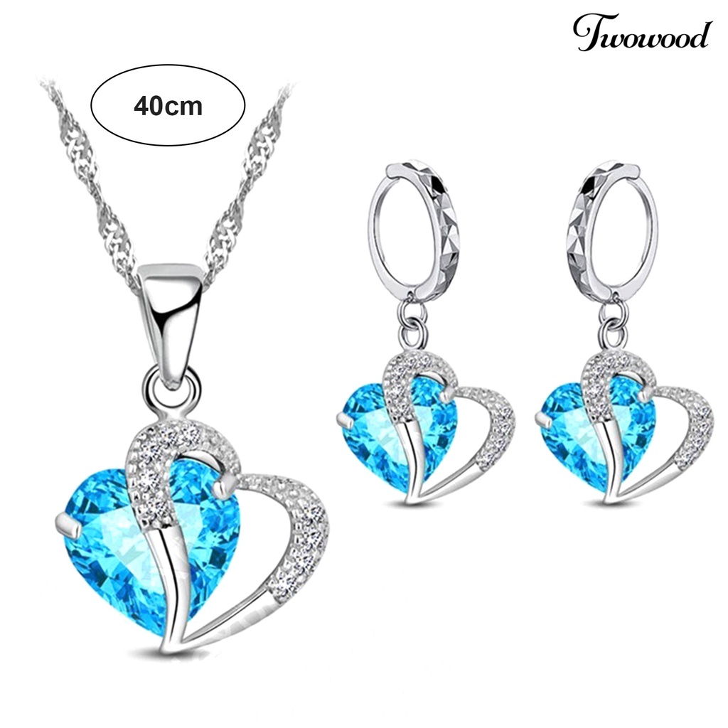 Twowood 1set Drop Anting Geometris Berlian Imitasi High Gloss Cubic Zirconia Pengerjaan Halus Dekorasi Shinny Berbentuk Hati Liontin Kalung Wanita Aksesori