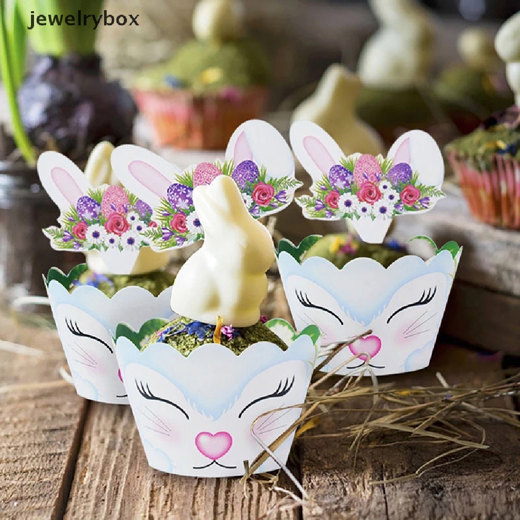 [jewelrybox] 24pcs/set Lovely Rabbit Cake Insert Card Wrapper Paskah Pesta Bunny Cake Topper Butik