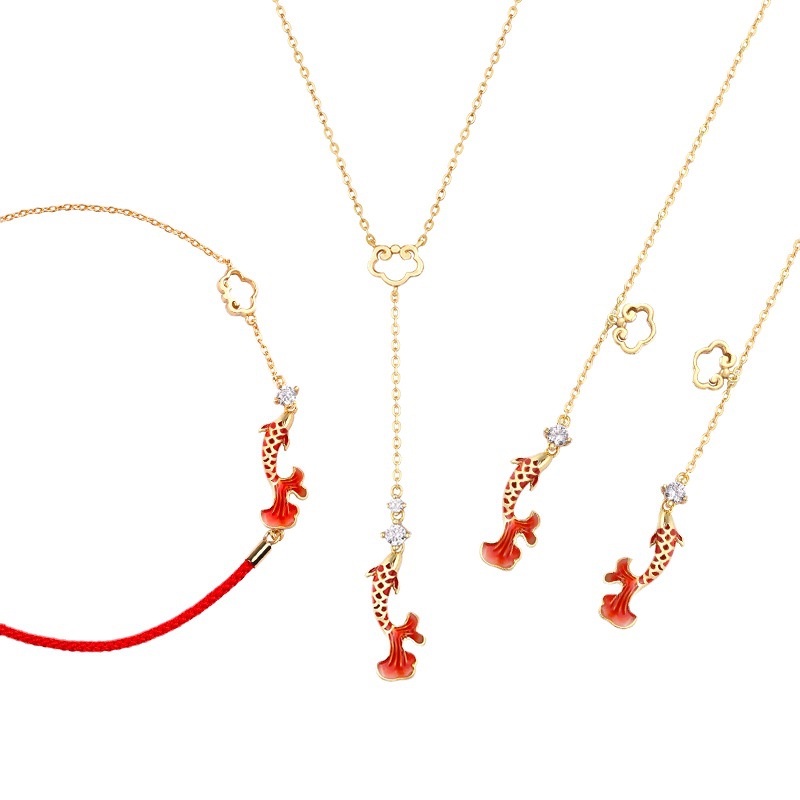Goldkingdom Fashion Perhiasan Aksesoris Ready Stock Mewarisi Hukum Kuno Ruyi Brokat Set Ikan Gurame Enamel Warna Kalung Earline Rajutan Tali Merah Xiangyun Gelang