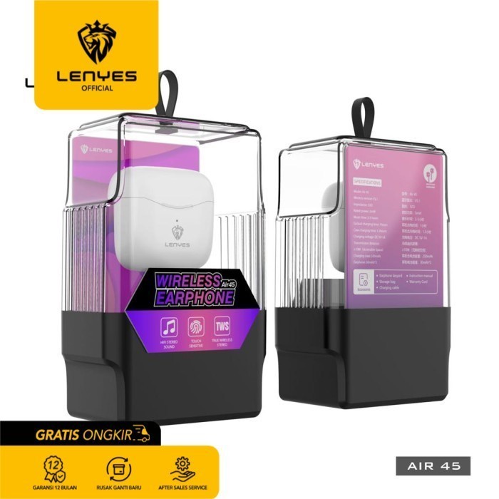 LENYES TWS Earphone Air 45 True Wireless Headset Touch Hi-Fi Bluetooth - Putih headset handsfree earbud rechargeable stereo in ear mini