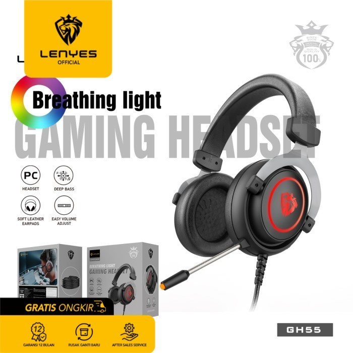 Lenyes GH55 Stereo Gaming Headset Headphones RGB Deep Bass Original earphone music musik gamer