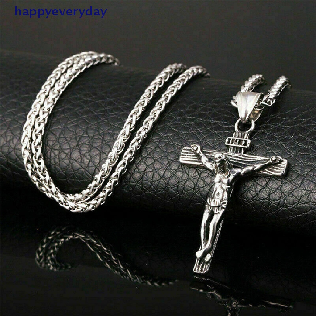 [happy] Mens Silver Stainless Steel Rantai Kalung Liontin Salib Yesus Kristus Salib [ID]