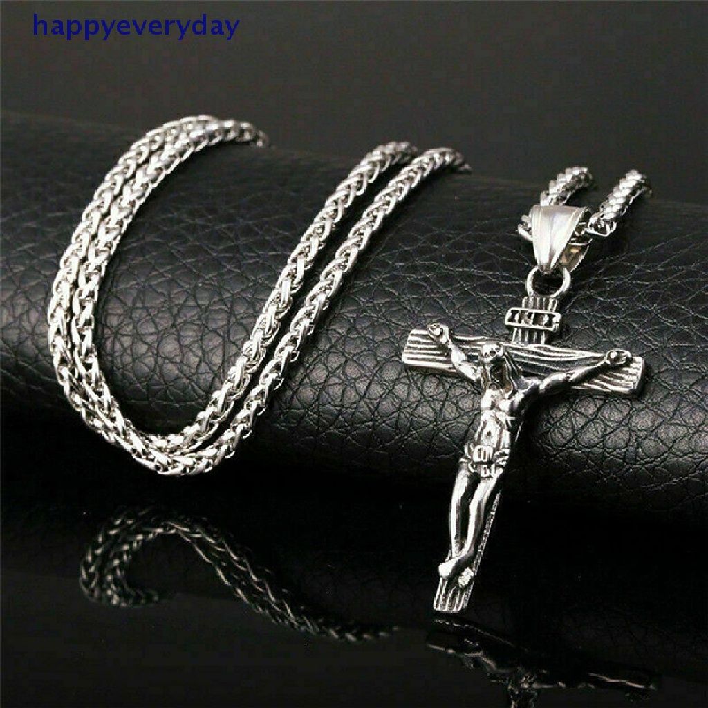 [happy] Mens Silver Stainless Steel Rantai Kalung Liontin Salib Yesus Kristus Salib [ID]