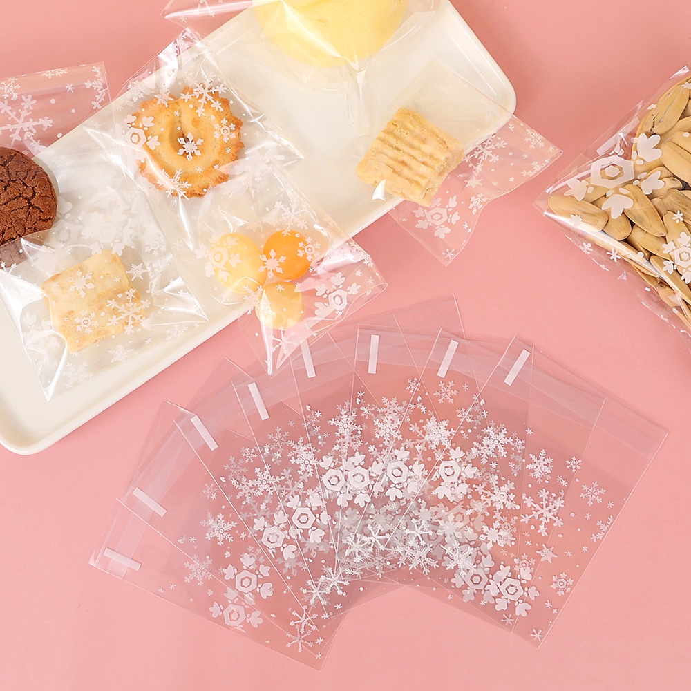 100 Pcs Transparan Snowflake Candy Cookie Baking Wrapping Bag Plastik Perekat Diri Lembab Biskuit Snack Kemasan Kantong Natal Pernikahan Pesta Masa Kini Dekorasi Tas